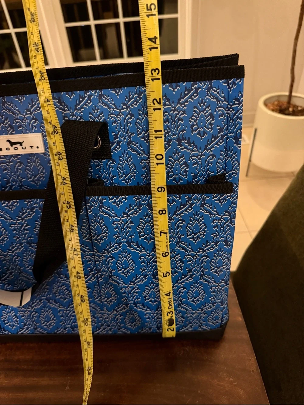 Scout Blue Patterned Tote with Black Straps and Interior Zip